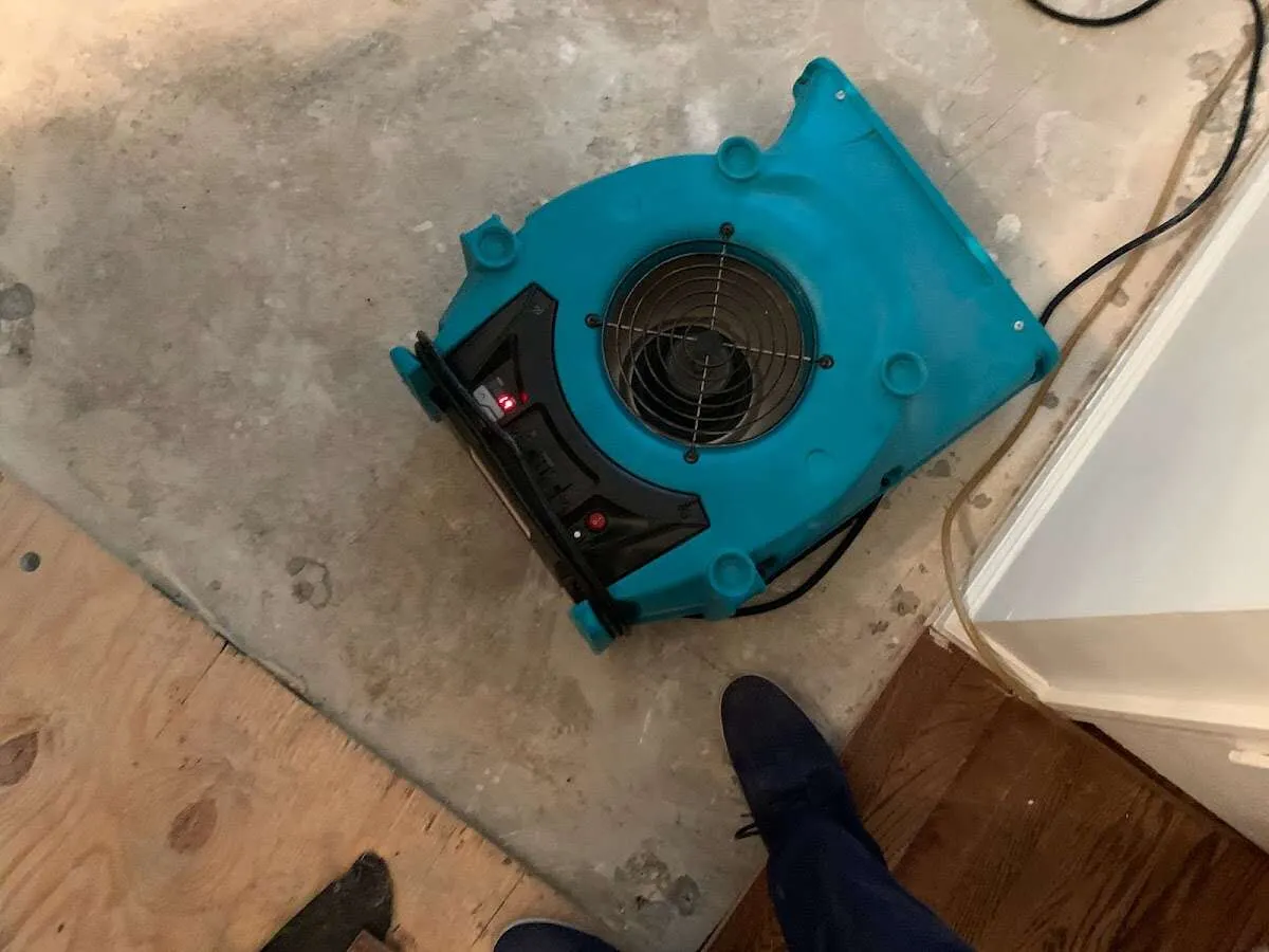 Air mover drying subfloor during Commercial Water Damage Restoration in Hilltown